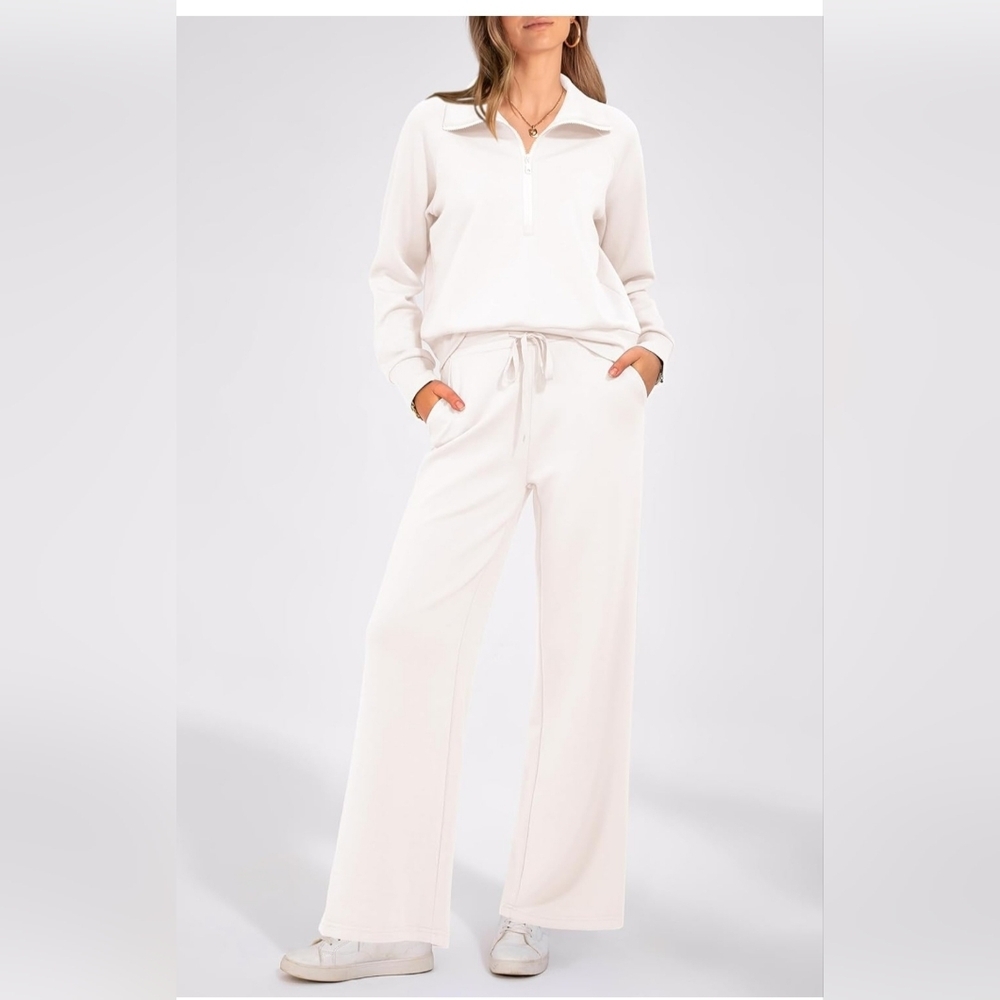 PrettyGarden Women's 2 Piece Outfits Casual Lapel Half Zip Sweatshirt, Wide Leg